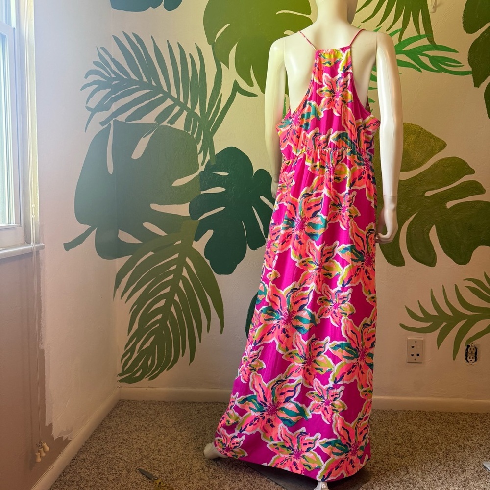 Bright Neon Pink Floral Maxi One-Piece Dress with Slit - Picture 2 of 7